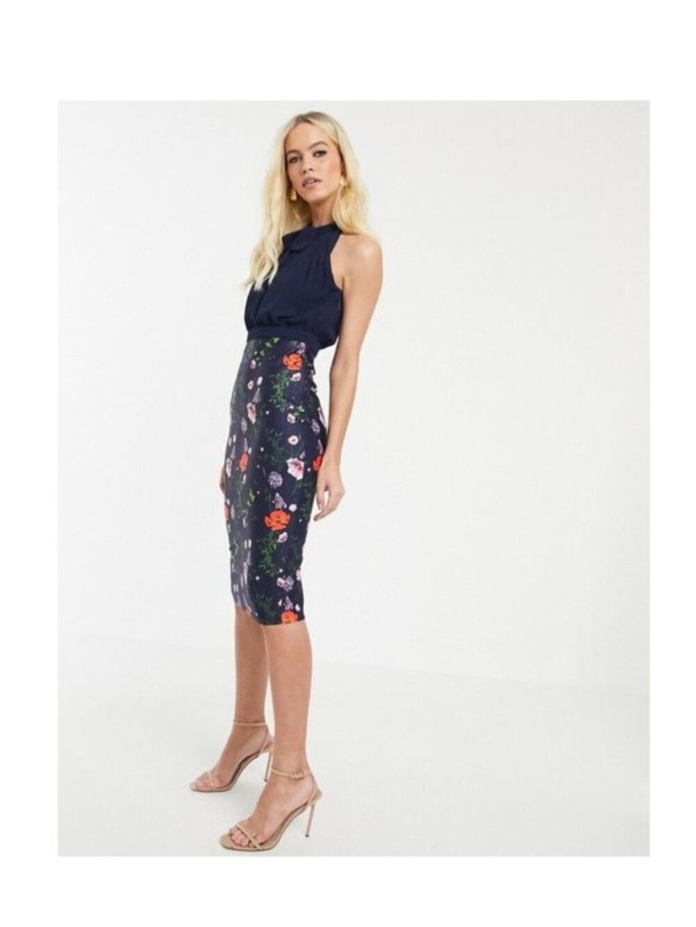 Ted Baker Shimma Halterneck Pleated Midi Dress / Ted 3 US 8 / Dark Navy Hedgerow